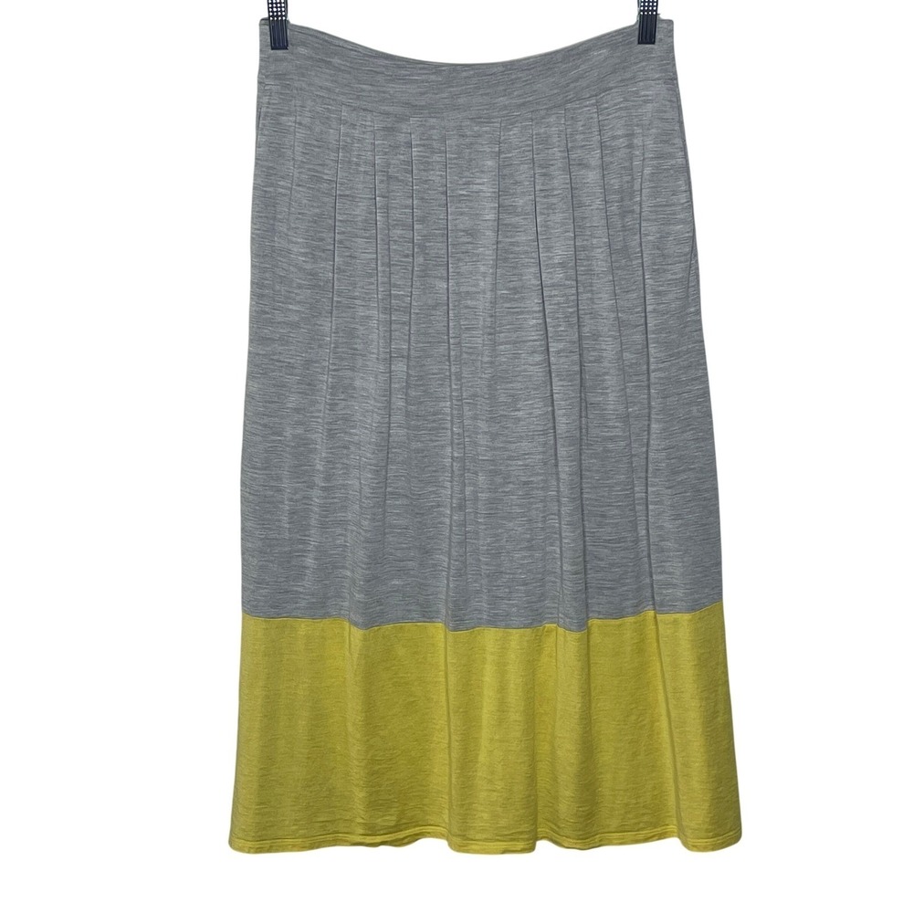 Eileen Fisher Gray Chartreuse Colorblock Pull-On Midi Skirt Stretch Knit Pockets